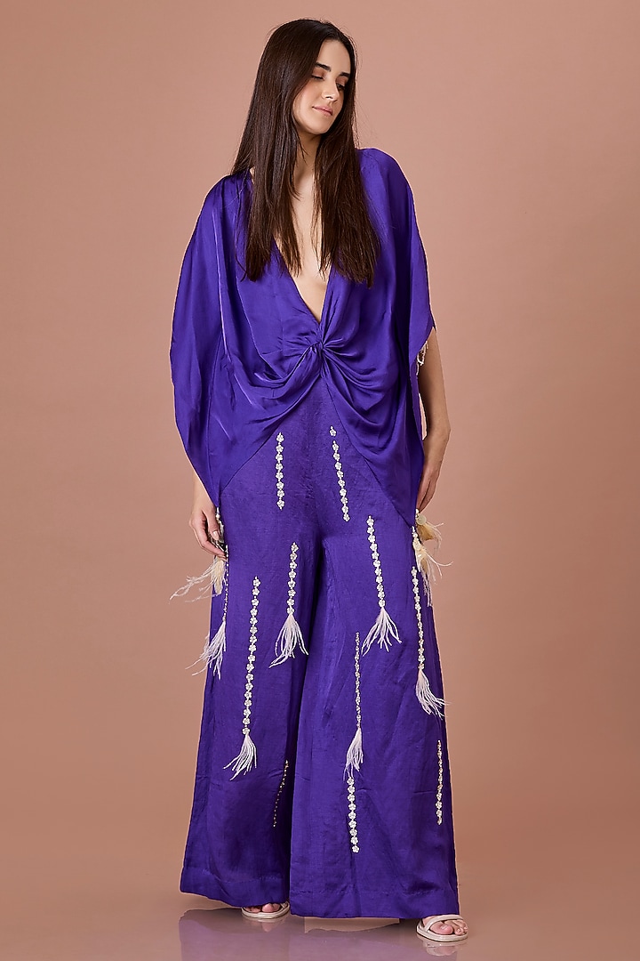 Purple Blended Satin Kaftan by Dilnaz Karbhary at Pernia's Pop Up Shop