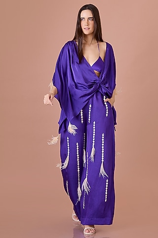 Purple Blended Satin Floral Sequins Embroidered Trousers by Dilnaz Karbhary