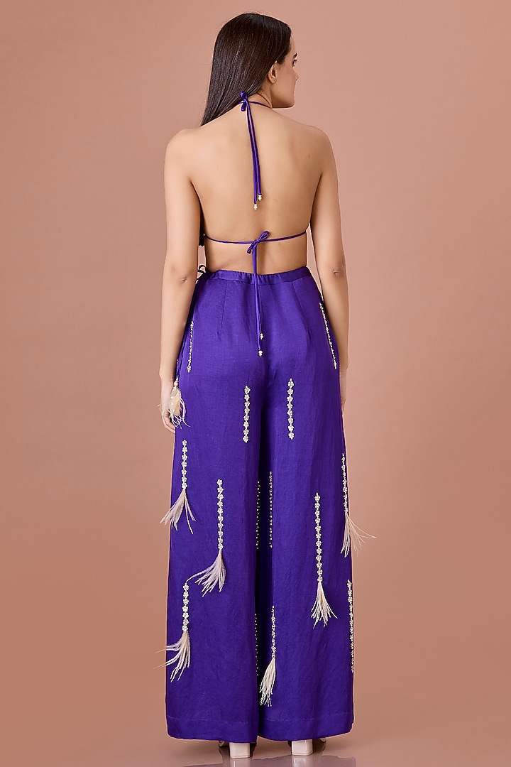 Purple Blended Satin Floral Sequins Embroidered Trousers by Dilnaz Karbhary at Pernia's Pop Up Shop