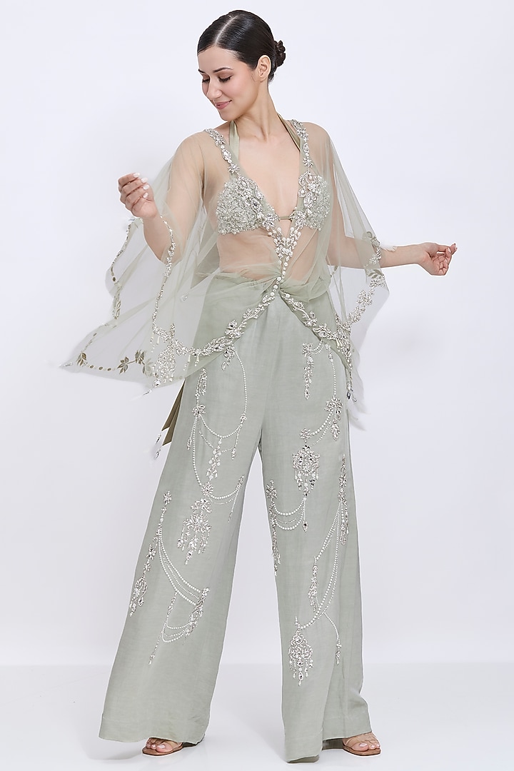 Ash Grey Net Hand Embroidered Draped Kaftan by Dilnaz Karbhary at Pernia's Pop Up Shop