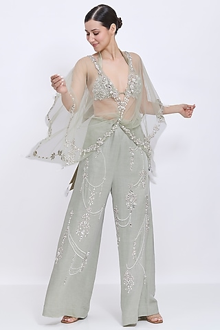 Ash Grey Net Hand Embroidered Draped Kaftan by Dilnaz Karbhary