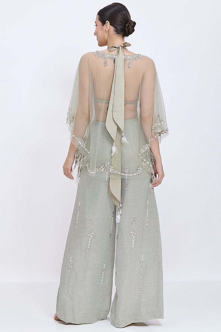 Ash Grey Net Hand Embroidered Draped Kaftan by Dilnaz Karbhary at Pernia's Pop Up Shop