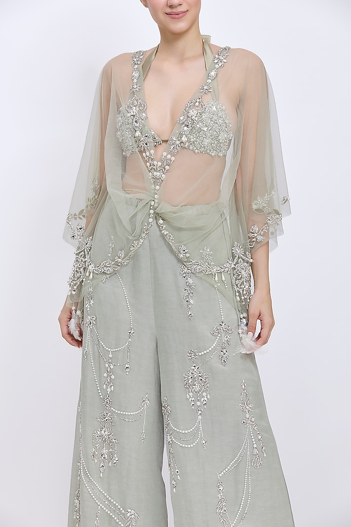 Ash Grey Net Hand Embroidered Draped Kaftan by Dilnaz Karbhary at Pernia's Pop Up Shop