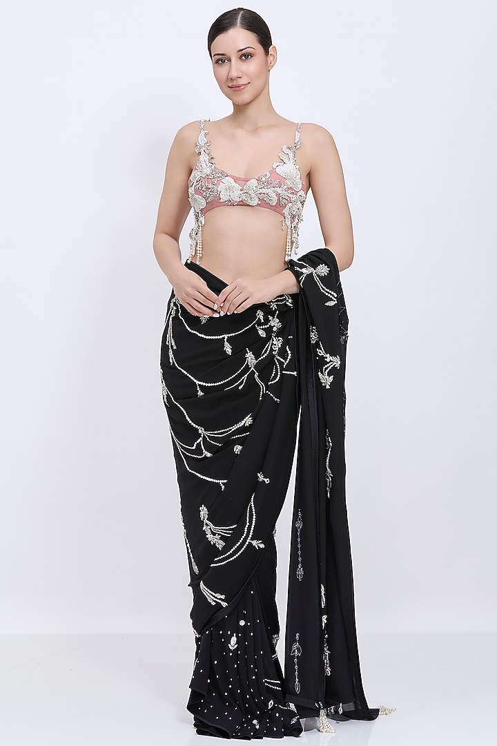 Old Rose Net & Polyester Satin Hand Embroidered Blouse by Dilnaz Karbhary at Pernia's Pop Up Shop