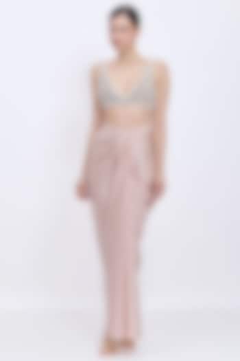 Light Mushroom-Colored Net & Polyester Satin Hand Embroidered Blouse by Dilnaz Karbhary at Pernia's Pop Up Shop