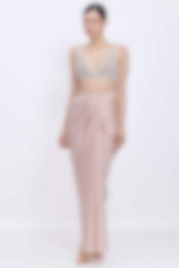 Light Mushroom-Colored Blended Satin Draped Skirt Set by Dilnaz Karbhary at Pernia's Pop Up Shop