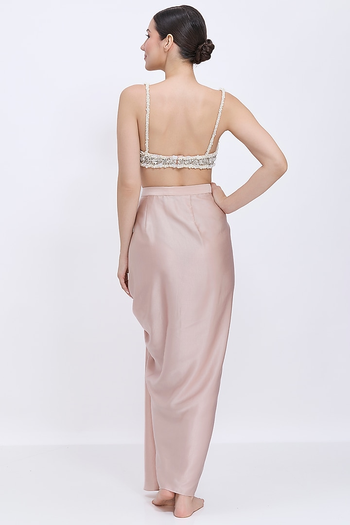 Light Mushroom-Colored Blended Satin Draped Skirt Set by Dilnaz Karbhary at Pernia's Pop Up Shop