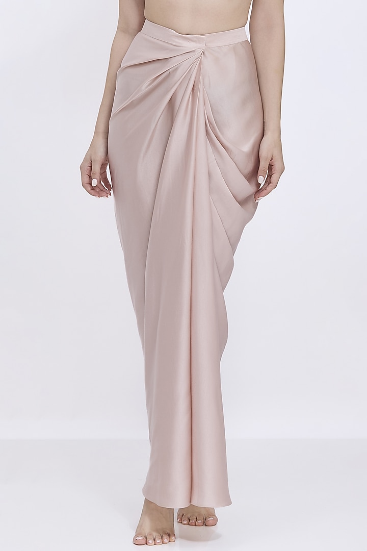 Light Mushroom-Colored Blended Satin Draped Skirt Set by Dilnaz Karbhary at Pernia's Pop Up Shop
