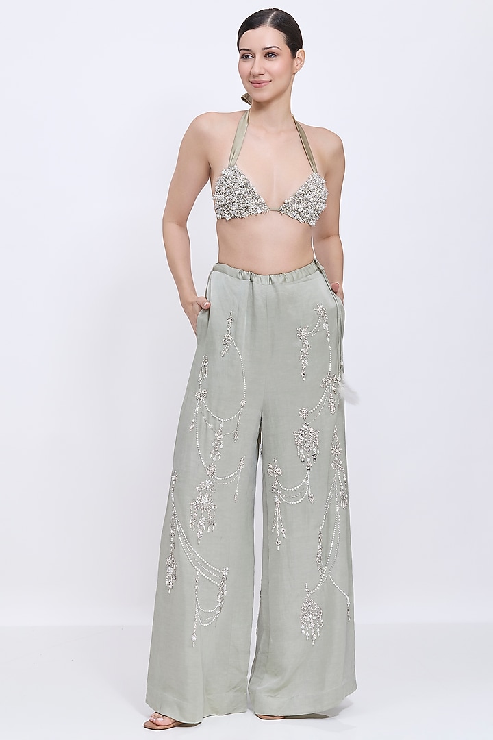 Sage Net & Polyester Satin Bikini by Dilnaz Karbhary at Pernia's Pop Up Shop