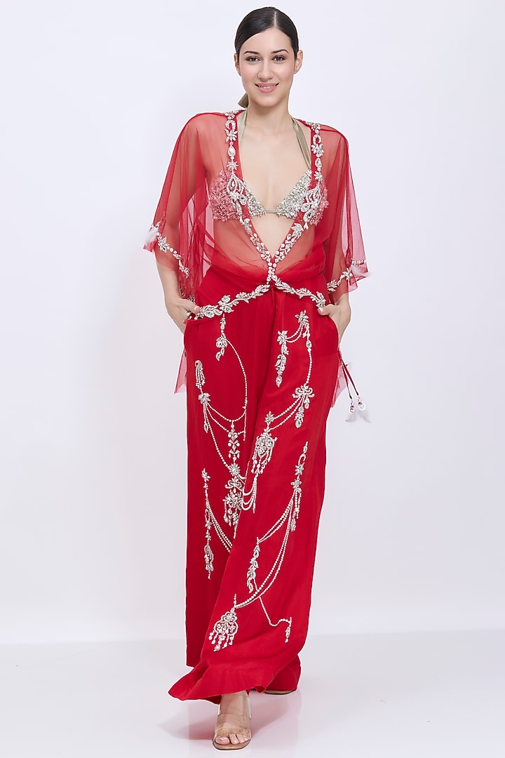 Red Net Hand Embroidered Draped Kaftan by Dilnaz Karbhary at Pernia's Pop Up Shop
