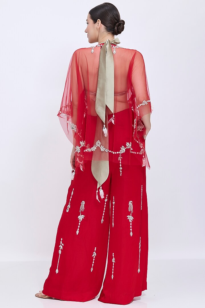 Red Net Hand Embroidered Draped Kaftan by Dilnaz Karbhary at Pernia's Pop Up Shop
