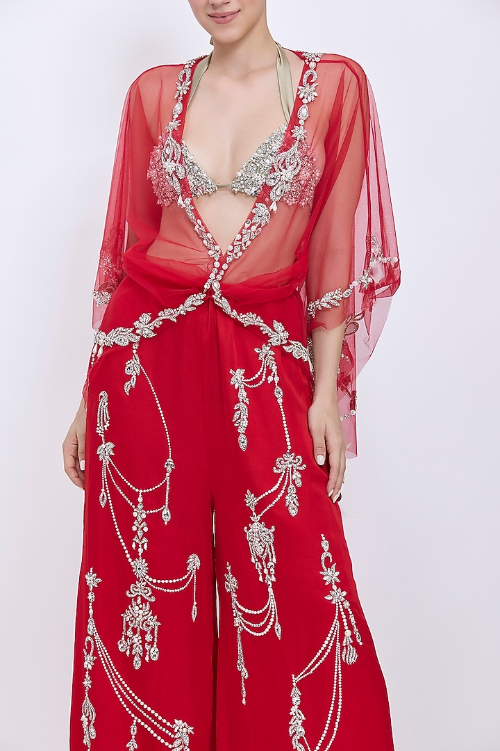 Red Net Hand Embroidered Draped Kaftan by Dilnaz Karbhary at Pernia's Pop Up Shop
