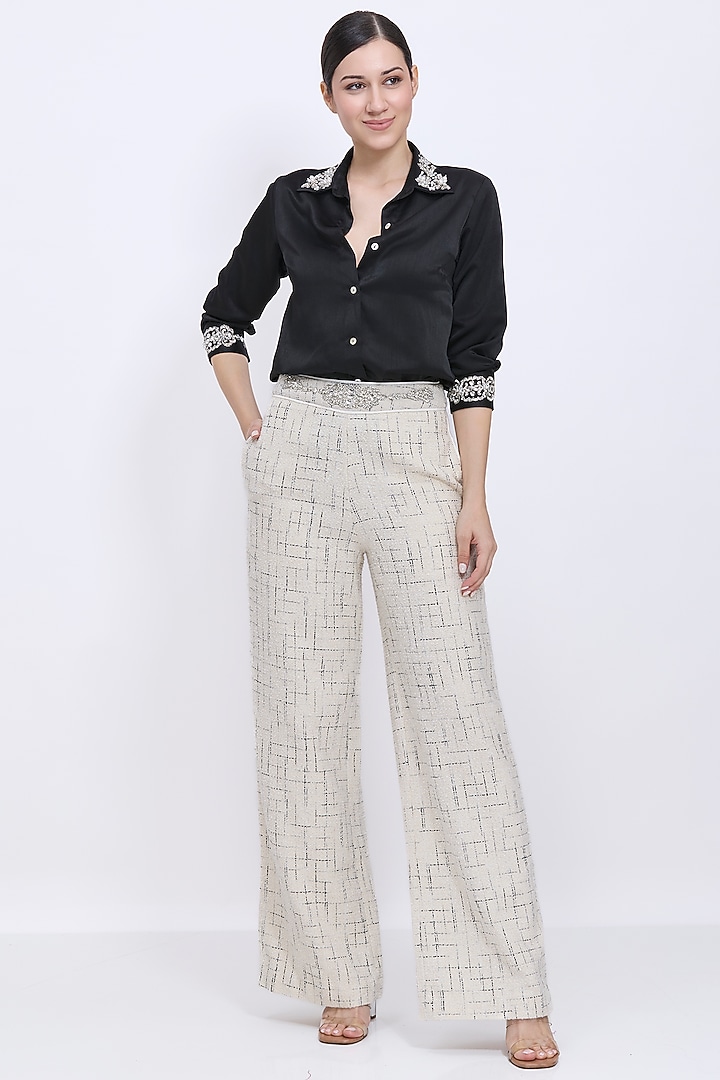 Black Blended Satin Hand Embroidered Shirt by Dilnaz Karbhary at Pernia's Pop Up Shop