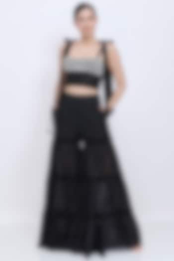 Black Blended Chiffon & Polyester Satin Tiered Wedding Sharara Set by Dilnaz Karbhary at Pernia's Pop Up Shop