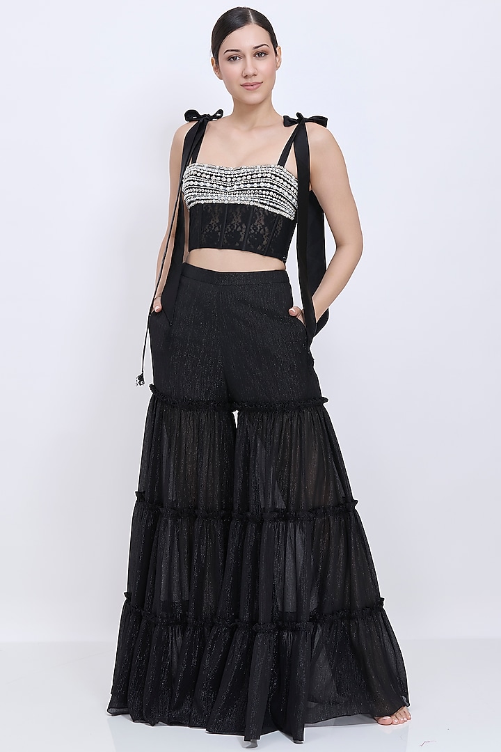 Black Blended Chiffon & Polyester Satin Tiered Wedding Sharara Set by Dilnaz Karbhary at Pernia's Pop Up Shop
