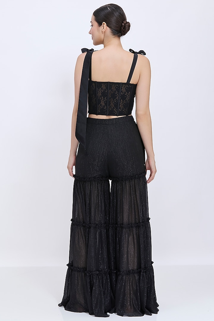 Black Blended Chiffon & Polyester Satin Tiered Wedding Sharara Set by Dilnaz Karbhary at Pernia's Pop Up Shop