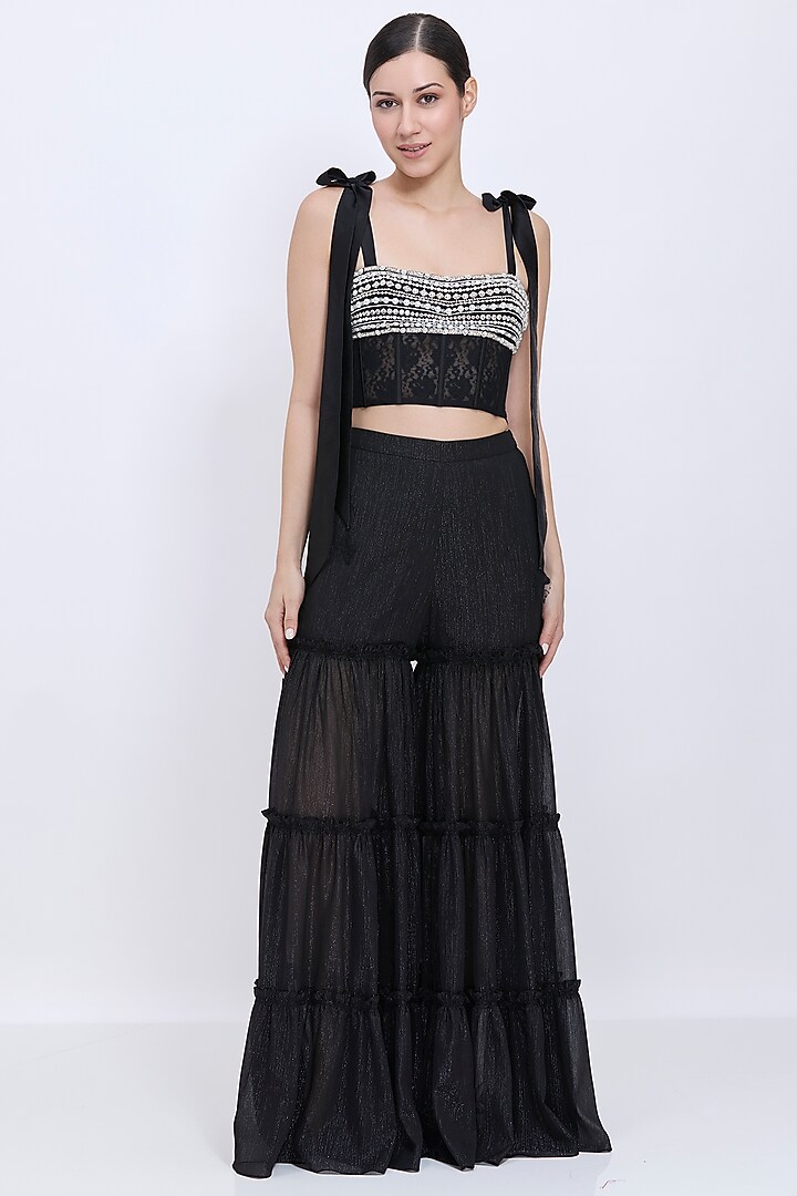 Black Blended Chiffon & Polyester Satin Tiered Wedding Sharara Set by Dilnaz Karbhary at Pernia's Pop Up Shop