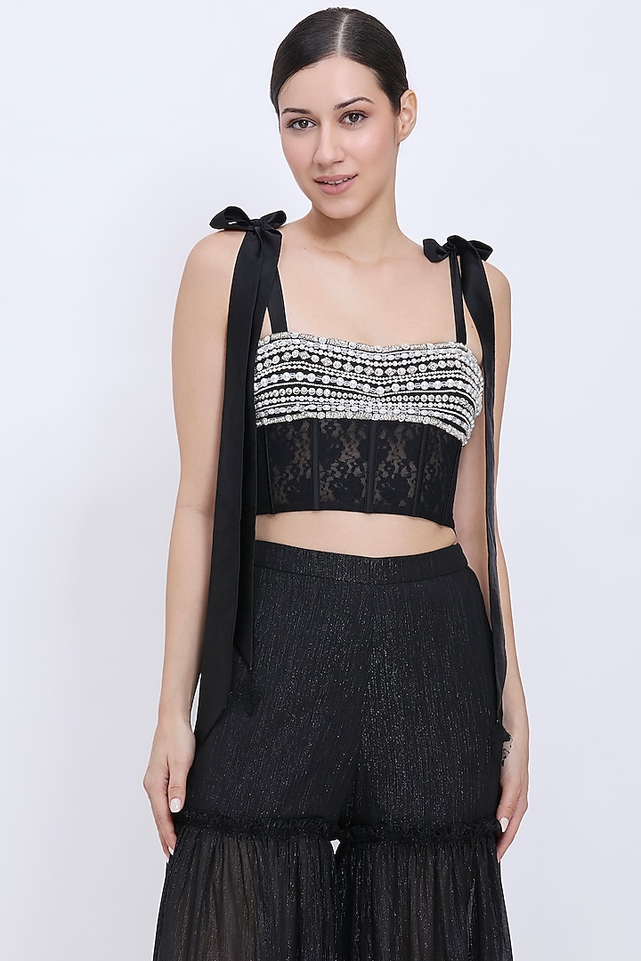 Black Blended Chiffon & Polyester Satin Tiered Wedding Sharara Set by Dilnaz Karbhary at Pernia's Pop Up Shop