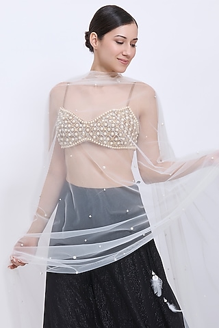 Ivory Net Hand Embroidered Dupatta by Dilnaz Karbhary