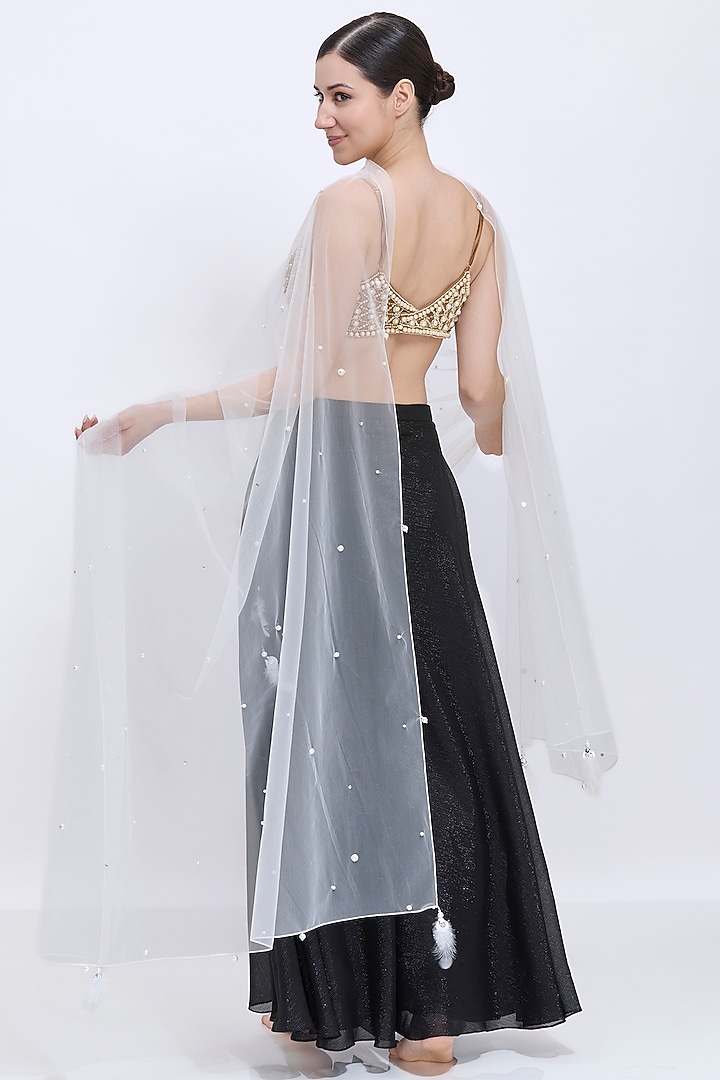 Ivory Net Hand Embroidered Dupatta by Dilnaz Karbhary at Pernia's Pop Up Shop