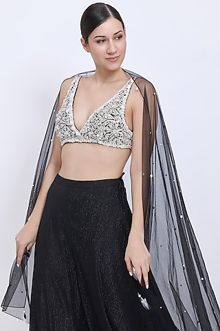 Black Net Hand Embroidered Dupatta by Dilnaz Karbhary