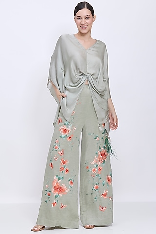 Ash Grey Blended Linen Machine Embroidered Trousers by Dilnaz Karbhary
