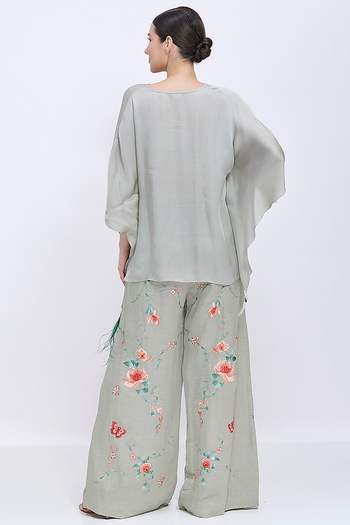 Ash Grey Blended Linen Machine Embroidered Trousers by Dilnaz Karbhary at Pernia's Pop Up Shop