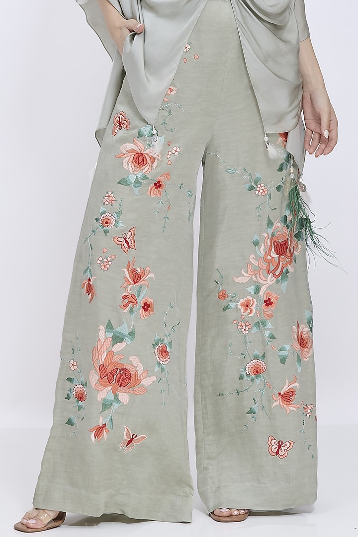 Ash Grey Blended Linen Machine Embroidered Trousers by Dilnaz Karbhary at Pernia's Pop Up Shop