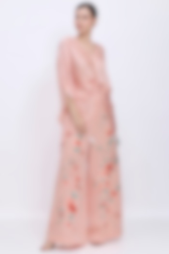 Dusty Pink Blended Linen Machine Embroidered Trousers by Dilnaz Karbhary at Pernia's Pop Up Shop