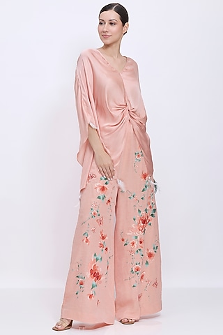 Dusty Pink Blended Linen Machine Embroidered Trousers by Dilnaz Karbhary