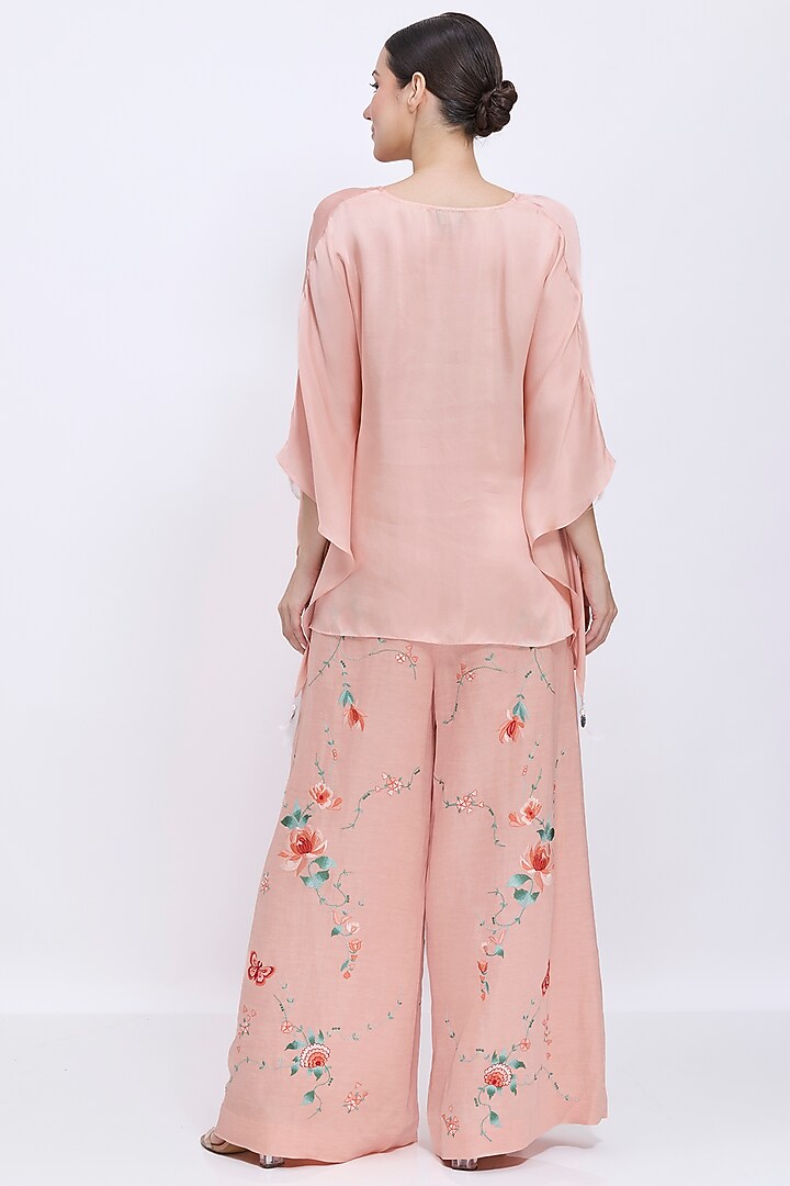 Dusty Pink Blended Linen Machine Embroidered Trousers by Dilnaz Karbhary at Pernia's Pop Up Shop