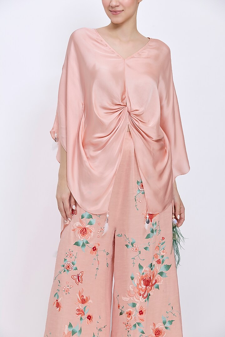 Dusty Pink Blended Linen Machine Embroidered Trousers by Dilnaz Karbhary at Pernia's Pop Up Shop