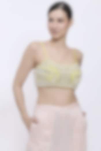 Lemon-Colored Net & Polyester Satin Hand Embroidered Bustier by Dilnaz Karbhary at Pernia's Pop Up Shop