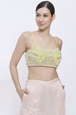 Lemon-Colored Net & Polyester Satin Hand Embroidered Bustier by Dilnaz Karbhary