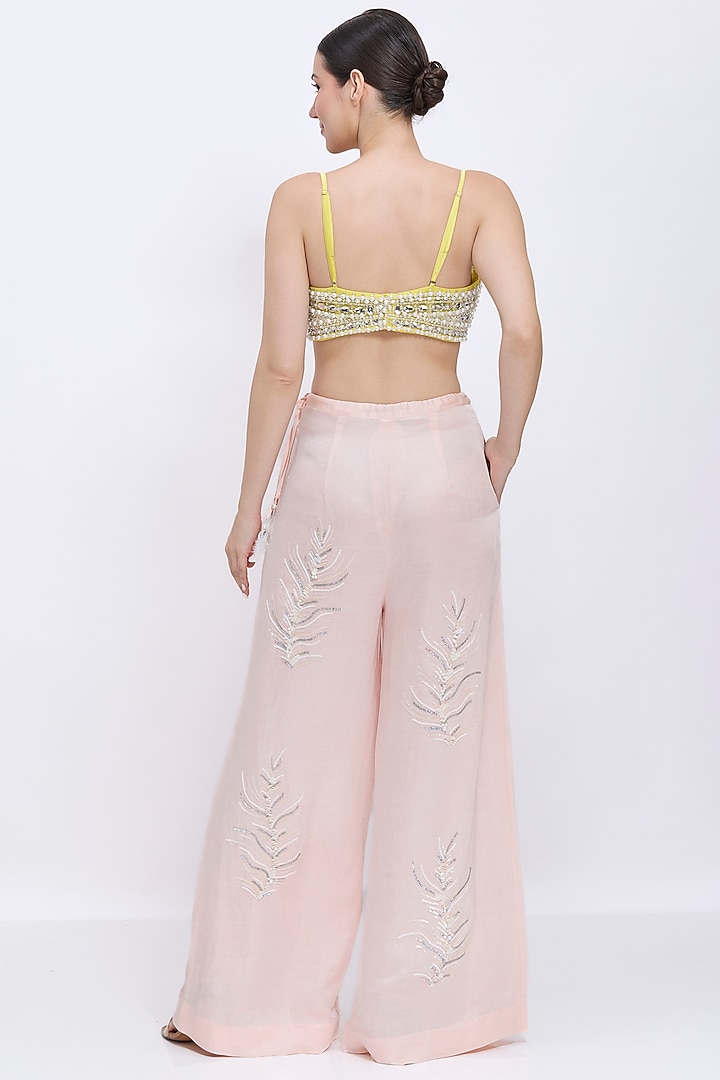 Lemon-Colored Net & Polyester Satin Hand Embroidered Bustier by Dilnaz Karbhary at Pernia's Pop Up Shop