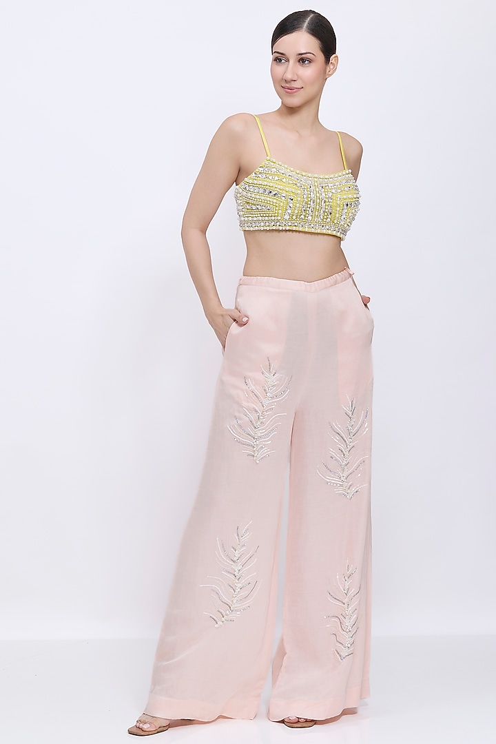 Lemon-Colored Net & Polyester Satin Hand Embroidered Bustier by Dilnaz Karbhary at Pernia's Pop Up Shop