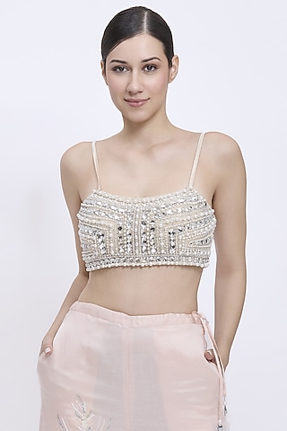Melon-Colored Net & Polyester Satin Hand Embroidered Bustier by Dilnaz Karbhary