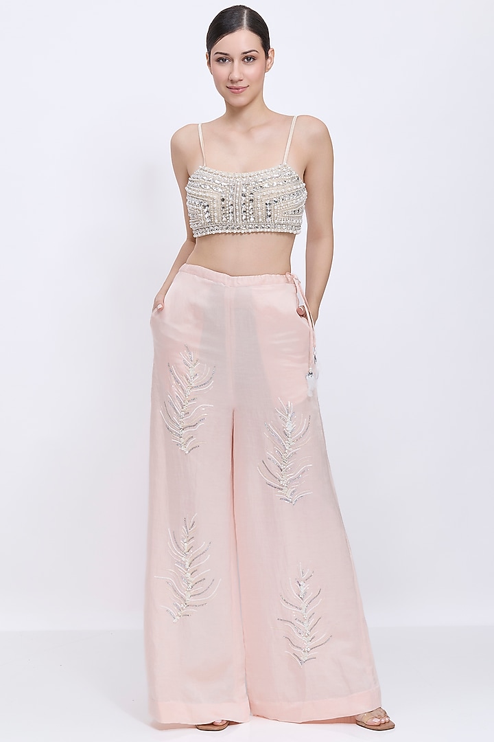 Melon-Colored Net & Polyester Satin Hand Embroidered Bustier by Dilnaz Karbhary at Pernia's Pop Up Shop