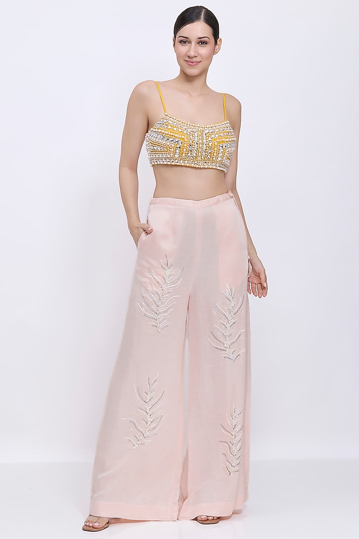 Mango-Colored Net & Polyester Satin Hand Embroidered Bustier by Dilnaz Karbhary at Pernia's Pop Up Shop