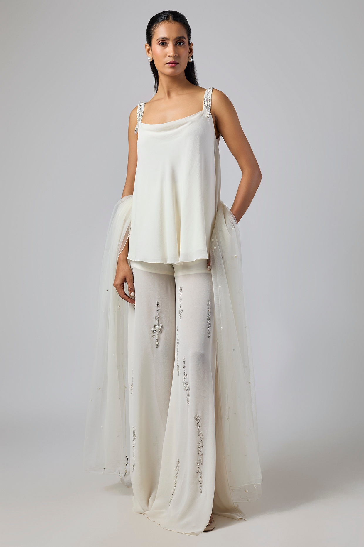 Dilnaz Karbhary Ivory Georgette Sheer Sharara Set
