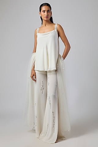 Ivory Georgette Sheer Sharara Set by Dilnaz Karbhary