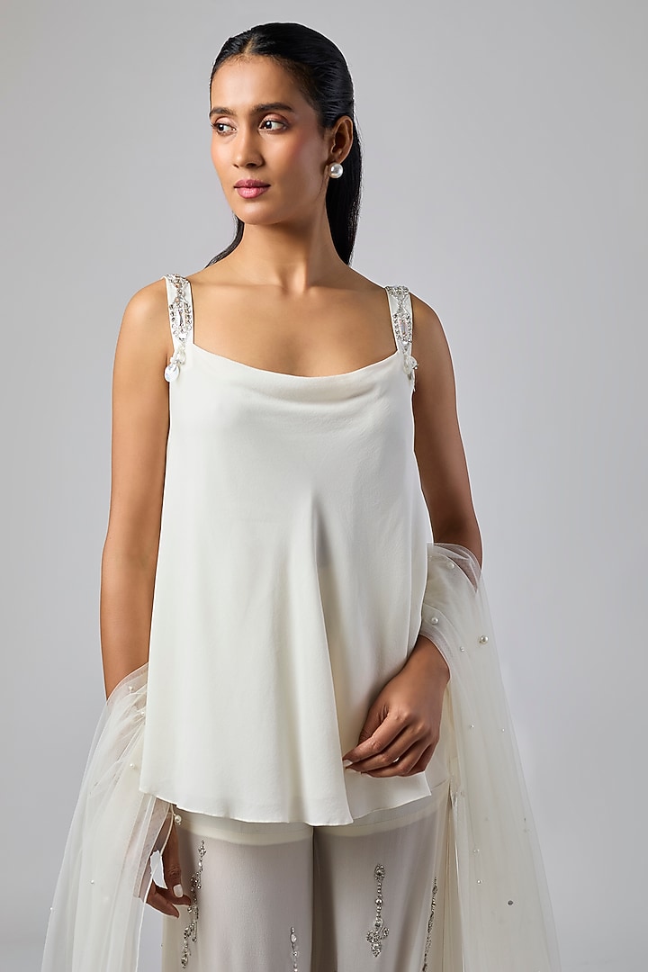 Ivory Georgette Sheer Wedding Sharara Set by Dilnaz Karbhary at Pernia's Pop Up Shop