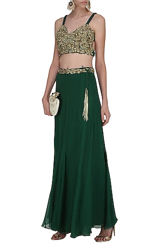 Bottle Green Embroidered Lehenga Skirt Set by Nitika Kanodia Gupta
