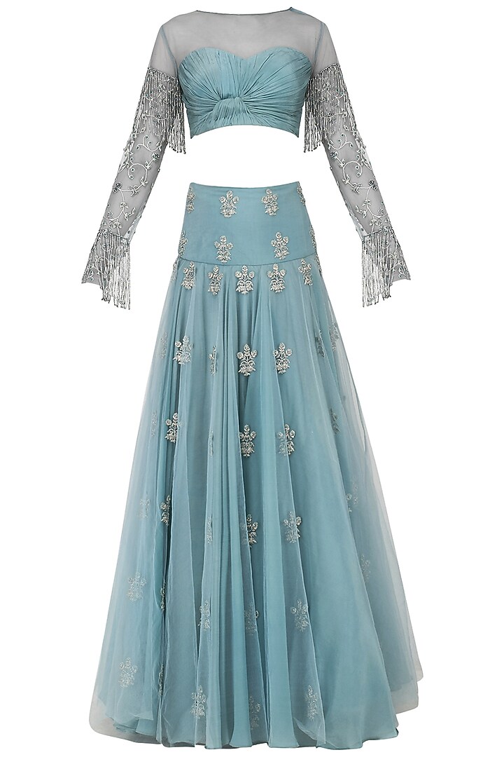 Ice blue embroidered lehenga with ruched blouse available only at Pernia's Pop Up Shop.