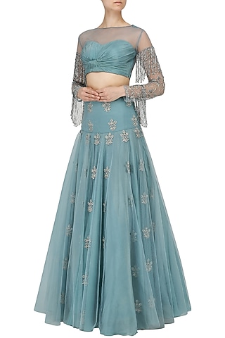 Ice Blue Embroidered Lehenga with Ruched Blouse by Nitika Kanodia Gupta