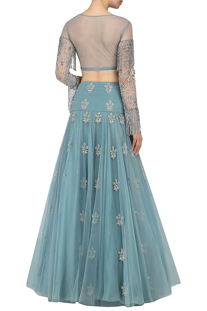 Ice blue embroidered lehenga with ruched blouse available only at Pernia's Pop Up Shop.