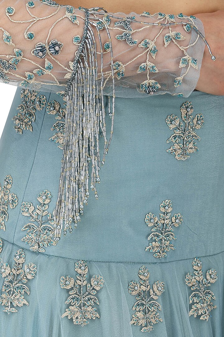 Ice blue embroidered lehenga with ruched blouse available only at Pernia's Pop Up Shop.