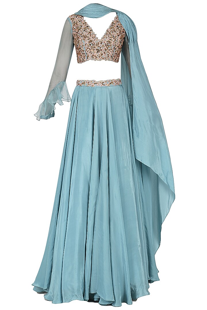 Ice blue embroidered lehenga set available only at Pernia's Pop Up Shop.