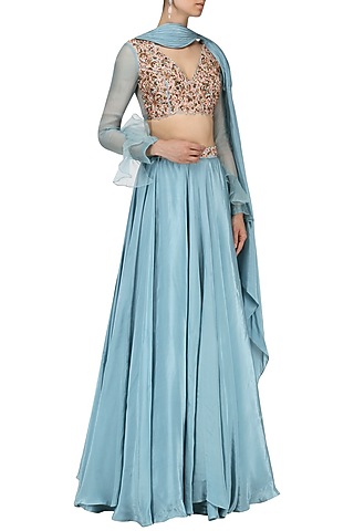 Ice Blue Embroidered Lehenga Set by Nitika Kanodia Gupta