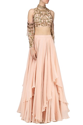Rose Pink Embroidered Blouse with Layered Lehenga by Nitika Kanodia Gupta